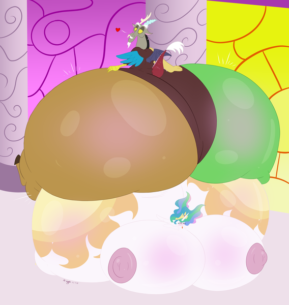 Size: 2700x2850 | Tagged: questionable, artist:necrofeline, derpibooru import, discord, princess celestia, alicorn, anthro, draconequus, series:hallway butts, g4, asscord, belly, big belly, big breasts, blushing, bottom heavy, breast expansion, breasts, butt, butt expansion, butt pressing, butt pushing, canterlot, canterlot castle, chaos magic, chubby, clothes, commission, commissioner:geonineplus, curvy, dislestia, duo, duo male and female, fat, female, groan, growth, hallway, heart, horn, hourglass figure, huge breasts, huge butt, hyper, hyper butt, image, impossibly large breasts, impossibly large butt, impossibly large thighs, impossibly wide hips, jewelry, large butt, male, male and female, moobs, nudity, peytral, pillar, png, sequence, sexy eyes, shipping, shoes, sitting on, sitting on butt, sitting on pony, skindentation, spread wings, stained glass, straight, stretched cutie mark, sunbutt, thighs, this will end in expansion, thunder thighs, tiara, tongue out, wide hips, wings