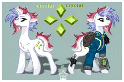 Size: 1592x1050 | Tagged: safe, artist:devorierdeos, derpibooru import, oc, oc:crystal, unofficial characters only, unicorn, fallout equestria, clothes, cutie mark, green eyes, horn, image, jumpsuit, pipbuck, png, reference sheet, simple background, vault suit, white coat