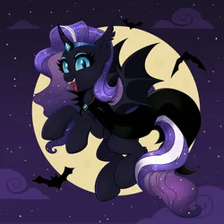 Size: 4000x4000 | Tagged: safe, artist:confetticakez, derpibooru import, nightmare rarity, alicorn, bat, bat pony, bat pony alicorn, pony, absurd resolution, bat ears, bat wings, cape, clothes, cloud, commission, curved horn, cute, cute little fangs, ear fluff, ear tufts, fangs, female, flying, full moon, horn, horn jewelry, horn ring, image, jewelry, jpeg, looking at you, mare, moon, night, night sky, open mouth, open smile, outdoors, race swap, red eyes, ring, sky, slit pupils, smiling, smiling at you, solo, spread wings, stars, tail, wings, ych result