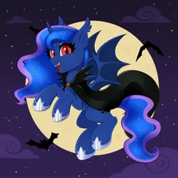 Size: 4000x4000 | Tagged: safe, artist:confetticakez, derpibooru import, princess luna, alicorn, bat, bat pony, bat pony alicorn, pony, g4, absurd resolution, bat ears, bat ponified, bat wings, cape, clothes, cloud, commission, curved horn, cute, cute little fangs, ear fluff, ear tufts, ethereal mane, ethereal tail, fangs, female, flying, full moon, hoof shoes, horn, image, jpeg, looking at you, mare, moon, night, night sky, open mouth, open smile, outdoors, princess shoes, race swap, red eyes, sky, slit pupils, smiling, smiling at you, solo, spread wings, stars, tail, wings, ych result