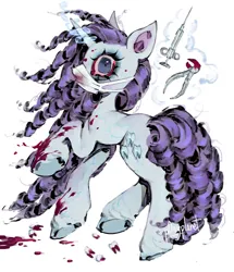 Size: 1758x2048 | Tagged: semi-grimdark, artist:p0nyplanet, derpibooru import, rarity, pony, unicorn, g4, alternate hairstyle, blood, blood stains, bloodshot eyes, coat markings, dentist, face mask, female, horn, image, jpeg, magic, mare, mask, pliers, simple background, solo, syringe, teeth, telekinesis, unshorn fetlocks, white background