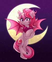 Size: 3154x3758 | Tagged: safe, artist:confetticakez, derpibooru import, oc, oc:blood moon, unofficial characters only, bat pony, pony, bat pony oc, bat wings, crescent moon, ear fluff, fangs, female, heart, high res, image, jpeg, looking at you, mare, moon, night, night sky, sky, slit pupils, smiling, smiling at you, solo, spread wings, stars, tail, wings