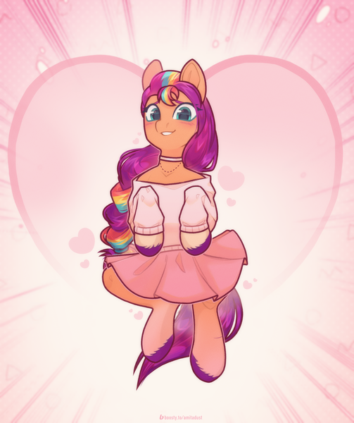 Size: 2574x3069 | Tagged: safe, artist:amitadust, artist:auroracursed, derpibooru import, sunny starscout, earth pony, pony, g5, my little pony: a new generation, blushing, choker, clothes, dress, female, heart, heart background, image, looking at you, mane stripe sunny, mare, png, skirt, smiling, smiling at you, solo, sweater