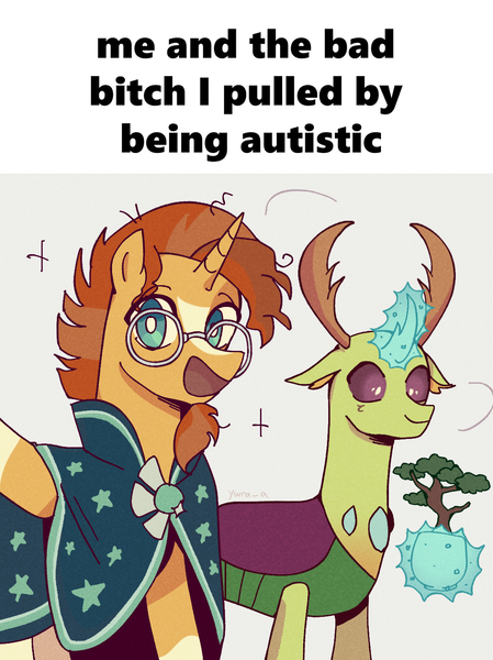 Size: 1135x1516 | Tagged: safe, artist:ywraa, derpibooru import, sunburst, thorax, changeling, unicorn, gay, horn, image, male, open mouth, open smile, png, ship:thoraxburst, shipping, smiling