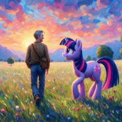 Size: 1024x1024 | Tagged: safe, ai content, anonymous prompter, derpibooru import, machine learning generated, twilight sparkle, human, pony, unicorn, g4, clothes, denim, duo, field, flower, generator:bing image creator, generator:dall-e 3, horn, image, impressionism, jacket, jeans, jpeg, looking at each other, looking at someone, modern art, mountain, open mouth, open smile, pants, smiling, smiling at each other, sunset, tree, unicorn twilight