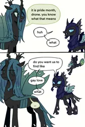 Size: 1120x1668 | Tagged: safe, artist:ywraa, derpibooru import, queen chrysalis, thorax, changeling, changeling queen, g4, comic, duo, english, female, image, png, pride month, simple background, talking, white background