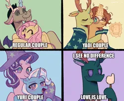 Size: 2046x1668 | Tagged: safe, artist:ywraa, derpibooru import, discord, fluttershy, pharynx, starlight glimmer, sunburst, thorax, trixie, changeling, pony, discoshy, female, gay, hug, image, lesbian, love is love, love is love meme, male, png, ship:thoraxburst, shipping, startrix, straight