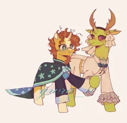 Size: 1479x1437 | Tagged: safe, artist:ywra_a, artist:ywraa, derpibooru import, sunburst, thorax, changedling, changeling, pony, unicorn, duo, duo male, gay, holding hooves, hoof hold, horn, image, king thorax, male, marriage, png, ship:thoraxburst, shipping, simple background, stallion, tan background, thoraxburst, wedding, white background