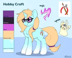 Size: 5000x4039 | Tagged: safe, artist:neoncel, derpibooru import, oc, oc:hobby craft, unofficial characters only, pony, unicorn, commission, female, glasses, hair tie, horn, image, mare, paintbrush, pliers, png, reference sheet, simple background, solo, solo female, tail, unicorn oc