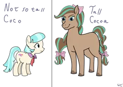 Size: 7016x4961 | Tagged: safe, artist:пшеница, derpibooru import, coco pommel, earth pony, horse, pony, g4, bow, cocoa (wild manes), crossover, derpibooru exclusive, duo, duo female, female, image, mare, name pun, png, simple background, size comparison, tail, tail bow, transparent background, wild manes