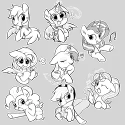 Size: 1600x1600 | Tagged: safe, artist:twiliset, derpibooru import, applejack, fluttershy, pinkie pie, rainbow dash, rarity, starlight glimmer, sunset shimmer, twilight sparkle, twilight sparkle (alicorn), alicorn, earth pony, pegasus, pony, unicorn, black and white, book, clothes, cupcake, cute, draft, dress, food, grayscale, heart, heart eyes, horn, image, jpeg, magic, mane six, monochrome, open mouth, rope, scroll, simple background, smiling, spread wings, wingding eyes, wings