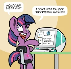 Size: 1289x1250 | Tagged: safe, artist:toonbat, derpibooru import, twilight sparkle, pony, unicorn, g4, adorkable, chair, character.ai, computer, cute, dork, female, filly, filly twilight sparkle, imac, image, looking back, open mouth, open smile, png, smiling, solo, table, unicorn twilight, younger