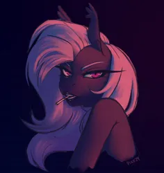 Size: 1398x1484 | Tagged: safe, artist:pixxpal, derpibooru import, oc, oc:lilac night, unofficial characters only, bat pony, pony, bedroom eyes, candy, dark, female, food, image, jpeg, lipstick, lollipop, looking at you, mare, seductive, sexy, simple background, smiling, solo