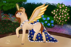 Size: 6000x4000 | Tagged: safe, derpibooru import, oc, alicorn, pony, background, commission, crown, fleur de lys, flower, france, garden, glasses, golden, hortensia, image, jewelry, king, magic, male, png, ponysona, pose, regalia, rose, rose bush, solo, stallion