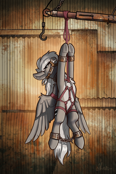 Size: 1722x2579 | Tagged: suggestive, artist:helmie-art, derpibooru import, oc, oc:mercury heart, pegasus, bondage, gag, hanging, helpl, image, muzzle gag, png, rope, rope bondage, shibari, solo, two toned coat, wings, wings down