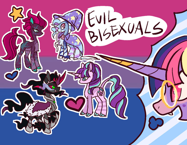 Size: 1287x1000 | Tagged: safe, artist:h0oty, derpibooru import, king sombra, starlight glimmer, tempest shadow, trixie, twilight sparkle, pony, unicorn, g4, alternate accessories, alternate design, alternate eye color, alternate mane color, alternate tailstyle, bangs, bilight sparkle, bisexual, bisexual pride flag, black mane, black tail, blue sclera, body scar, broken horn, cape, chest fluff, clothes, cloven hooves, coat markings, colored belly, colored ears, colored hooves, colored horn, colored muzzle, colored pinnae, colored sclera, colored tail, curly mane, ethereal mane, ethereal tail, eye markings, eye scar, facial markings, facial scar, fangs, female, fetlock tuft, glasses, glow, glowing eyes, hat, headpiece, hooves, horn, image, jpeg, leg armor, leg scar, leg stripes, leonine tail, lesbian, lidded eyes, long horn, long mane, long tail, male, mealy mouth (coat marking), multicolored mane, multicolored tail, outline, pale belly, peytral, physique difference, pink eyes, pride, pride flag, profile, purple belly, raised hoof, round glasses, s5 starlight, scar, ship:tempestlight, ship:twibra, ship:twistarlight, ship:twixie, shipping, smiling, snip (coat marking), sombra eyes, sombra's cape, spiky mane, stars, straight, stripes, tail, teal hooves, text, thinking, thought bubble, trixie's cape, trixie's hat, twitterina design, two toned horn, two toned mane, two toned tail, wall of tags, wavy mane, wavy tail, white hooves