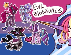 Size: 1287x1000 | Tagged: safe, artist:h0oty, derpibooru import, king sombra, starlight glimmer, tempest shadow, trixie, twilight sparkle, pony, unicorn, g4, alternate accessories, alternate design, alternate eye color, alternate mane color, alternate tailstyle, bangs, bilight sparkle, bisexual, bisexual pride flag, black mane, black tail, blue sclera, body scar, broken horn, cape, chest fluff, clothes, cloven hooves, coat markings, colored belly, colored ears, colored hooves, colored horn, colored muzzle, colored pinnae, colored sclera, colored tail, curly mane, ethereal mane, ethereal tail, eye markings, eye scar, facial markings, facial scar, fangs, female, fetlock tuft, glasses, glow, glowing eyes, hat, headpiece, hooves, horn, image, jpeg, leg armor, leg scar, leg stripes, leonine tail, lesbian, lidded eyes, long horn, long mane, long tail, male, mealy mouth (coat marking), multicolored mane, multicolored tail, outline, pale belly, peytral, physique difference, pink eyes, pride, pride flag, profile, purple belly, raised hoof, round glasses, s5 starlight, scar, ship:tempestlight, ship:twibra, ship:twistarlight, ship:twixie, shipping, smiling, snip (coat marking), sombra eyes, sombra's cape, spiky mane, stars, straight, stripes, tail, teal hooves, text, thinking, thought bubble, trixie's cape, trixie's hat, two toned horn, two toned mane, two toned tail, wall of tags, wavy mane, wavy tail, white hooves