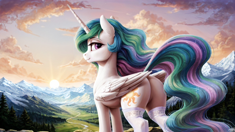 Size: 2560x1440 | Tagged: safe, ai content, artist:dovakkins, derpibooru import, machine learning assisted, princess celestia, alicorn, pony, g4, bedroom eyes, clothes, cute, ear fluff, featureless crotch, female, folded wings, image, jpeg, looking at you, looking back, looking back at you, mare, praise the sun, scenery, scenery porn, seductive look, smiling, smiling at you, socks, solo, stockings, stupid sexy celestia, sunset, tail, thigh highs, wallpaper, watermark, wavy mane, wavy tail, wings