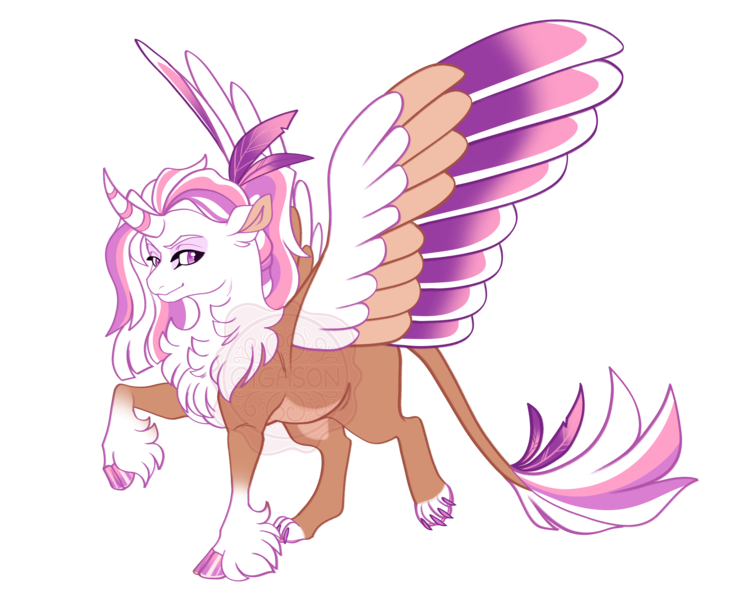 Size: 4400x3500 | Tagged: safe, artist:gigason, derpibooru import, oc, oc:vetera, unofficial characters only, hippogriff, hybrid, g4, bald face, blaze (coat marking), brown coat, chest fluff, cloven hooves, coat markings, colored belly, colored chest fluff, colored claws, colored eyebrows, colored head, colored hooves, colored horn, colored paw pads, colored paws, colored pinnae, colored wings, colored wingtips, commission, curved horn, ear fluff, eye markings, facial markings, fetlock tuft, gradient legs, gradient wings, hippogriff oc, hooves, horn, hybrid mane, hybrid tail, image, interspecies offspring, large wings, leonine tail, lidded eyes, looking back, magical lesbian spawn, multicolored mane, multicolored tail, multicolored wings, narrowed eyes, offspring, pale belly, parent:gilda, parent:twilight sparkle, parents:twilda, png, ponytail, purple eyes, purple hooves, shiny hooves, simple background, smiling, socks (coat marking), solo, spread wings, standing, standing on two hooves, striped horn, tail, tied mane, transparent background, watermark, white wingtips, wings