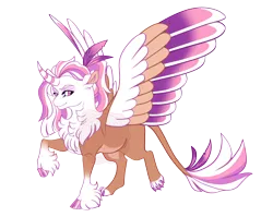 Size: 4400x3500 | Tagged: safe, artist:gigason, derpibooru import, oc, oc:vetera, unofficial characters only, hippogriff, hybrid, g4, bald face, blaze (coat marking), brown coat, chest fluff, cloven hooves, coat markings, colored belly, colored chest fluff, colored claws, colored eyebrows, colored head, colored hooves, colored horn, colored paw pads, colored paws, colored pinnae, colored wings, colored wingtips, commission, curved horn, ear fluff, eye markings, facial markings, fetlock tuft, gradient legs, gradient wings, hippogriff oc, hooves, horn, hybrid mane, hybrid tail, image, interspecies offspring, large wings, leonine tail, lidded eyes, looking back, magical lesbian spawn, multicolored mane, multicolored tail, multicolored wings, narrowed eyes, offspring, pale belly, parent:gilda, parent:twilight sparkle, parents:twilda, png, ponytail, purple eyes, purple hooves, shiny hooves, simple background, smiling, socks (coat marking), solo, spread wings, standing, standing on two hooves, striped horn, tail, tied mane, transparent background, watermark, white wingtips, wings