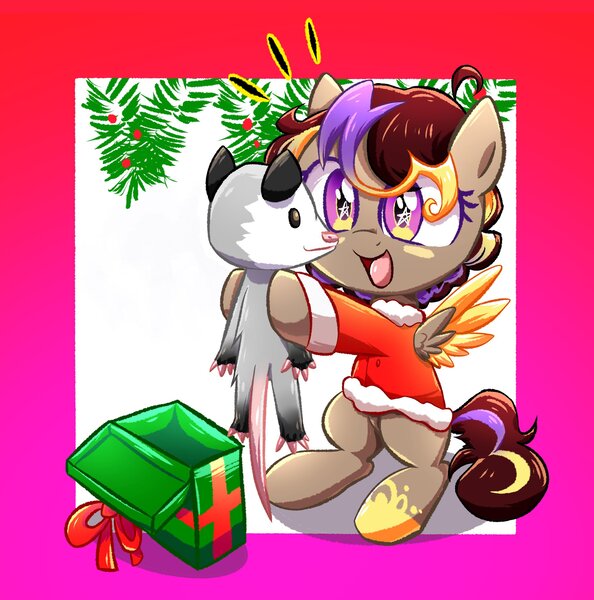 Size: 2026x2048 | Tagged: artist needed, safe, derpibooru import, oc, oc:hors, opossum, christmas, christmas presents, clothes, commission, costume, holiday, image, jpeg, present, santa costume, surprised, ych result, your character here