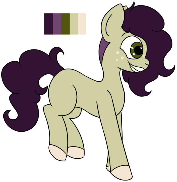 Size: 1600x1650 | Tagged: safe, artist:whimsicalseraph, derpibooru import, oc, unofficial characters only, earth pony, pony, adoptable, blank flank, colored, colored hooves, cream hooves, curly mane, curly tail, earth pony oc, flat colors, freckles, green coat, green eyes, hooves, image, long mane, long tail, png, profile, purple mane, purple tail, raised leg, simple background, smiling, solo, standing on two hooves, tail, transparent background