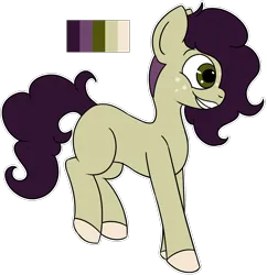 Size: 1600x1650 | Tagged: safe, artist:whimsicalseraph, derpibooru import, oc, unofficial characters only, earth pony, pony, adoptable, blank flank, colored, colored hooves, cream hooves, curly mane, curly tail, earth pony oc, flat colors, freckles, green coat, green eyes, hooves, image, long mane, long tail, png, profile, purple mane, purple tail, raised leg, simple background, smiling, solo, standing on two hooves, tail, transparent background