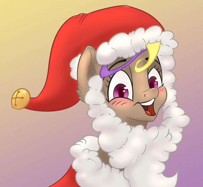 Size: 870x800 | Tagged: safe, artist:paleheart, derpibooru import, oc, oc:hors, unofficial characters only, beard, blushing, christmas, clothes, costume, facial hair, gradient background, hat, holiday, image, jpeg, open mouth, santa beard, santa costume, santa hat, smiling, solo