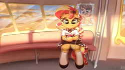 Size: 4000x2250 | Tagged: safe, artist:phoenixrk49, derpibooru import, sunset shimmer, pony, semi-anthro, unicorn, g4, :3, clothes, earbuds, female, high res, hoof hold, horn, image, looking at something, looking down, mare, mobile phone, phone, png, school uniform, sitting, skirt, smartphone, smiling, socks, solo, stockings, thigh highs, train