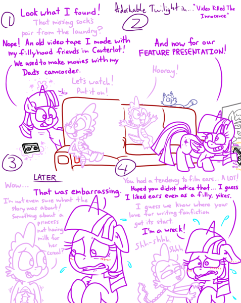 Size: 4779x6013 | Tagged: safe, artist:adorkabletwilightandfriends, derpibooru import, spike, twilight sparkle, twilight sparkle (alicorn), oc, oc:pinenut, alicorn, cat, comic:adorkable twilight and friends, adorkable, adorkable twilight, bend over, bending, bent over, blushing, comic, consoling, couch, cute, discovery, dork, drink, embarrassed, face down ass up, fetish, funny, happy, humor, image, kink, looking at each other, looking at someone, looking back, magic, png, pushing, sitting, slice of life, smiling, smiling at each other, tape, television, vhs