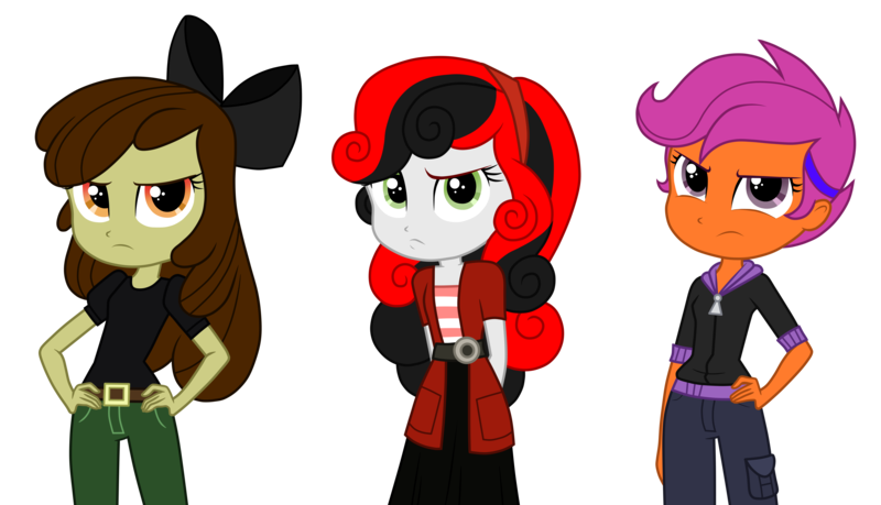 Size: 5233x3000 | Tagged: safe, artist:machakar52, derpibooru import, apple bloom, scootaloo, sweetie belle, human, elements of insanity, equestria girls, g4, alternate universe, belt, belt buckle, bow, clothes, creepy belle, cutie mark crusaders, cutie mark monsters, francie bloom, frown, hair bow, hand on hip, hands behind back, headband, image, karateloo, looking at you, png