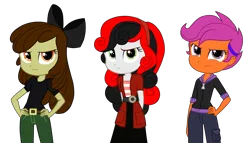 Size: 5233x3000 | Tagged: safe, artist:machakar52, derpibooru import, apple bloom, scootaloo, sweetie belle, human, elements of insanity, equestria girls, g4, alternate universe, belt, belt buckle, bow, clothes, creepy belle, cutie mark crusaders, cutie mark monsters, francie bloom, frown, hair bow, hand on hip, hands behind back, headband, image, karateloo, looking at you, png