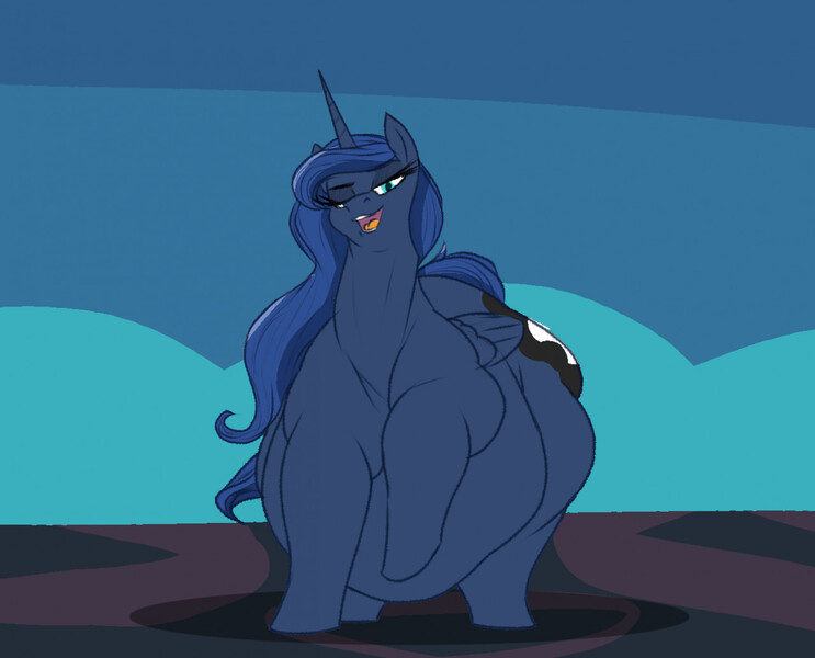 Size: 1280x1034 | Tagged: suggestive, artist:astr0zone, derpibooru import, alicorn, pony, g4, belly, big belly, bingo wings, fat, female, huge belly, image, jpeg, lidded eyes, long neck, looking at you, mare, missing accessory, obese, open mouth, open smile, princess moonpig, raised hoof, smiling, smug, solo, solo female, wide hips