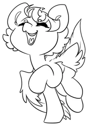 Size: 1738x2473 | Tagged: safe, artist:midnightpremiere, derpibooru import, oc, oc:hors, unofficial characters only, pegasus, dancing, eyes closed, image, png, raised hoof, simple background, smiling, solo, teeth, tongue out, transparent background, white, wings