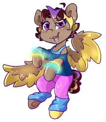 Size: 1944x2251 | Tagged: safe, artist:midnightpremiere, derpibooru import, oc, oc:hors, unofficial characters only, 80s, aerobics, brown hair, clothes, dancing, flying, glow bracelets, glowstick, image, leg warmers, leggings, looking at you, loose shirt, png, purple hair, simple background, smiling, smiling at you, solo, spread wings, tanktop, transparent background, wings