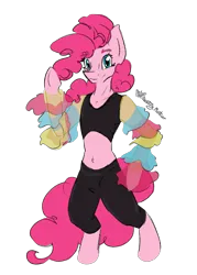 Size: 1280x1790 | Tagged: safe, artist:destiny_manticor, derpibooru import, pinkie pie, anthro, earth pony, unguligrade anthro, g4, alternate hairstyle, belly, belly button, clothes, female, image, leggings, midriff, png, solo, top, waving