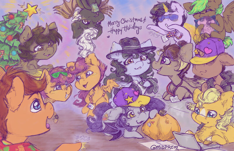 Size: 1024x663 | Tagged: safe, artist:midnightpremiere, derpibooru import, scootaloo, oc, oc:blazing beams, oc:coffee, oc:hors, oc:justinaloo, oc:midnight premier, oc:mona pia, oc:paul the snail, oc:prairie heart, oc:sleepy sketch, oc:tail, bat pony, earth pony, pegasus, unicorn, :3, artificial horn, artificial wings, augmented, back of head, baseball cap, cap, chest fluff, christmas, christmas tree, clothes, colored sketch, computer, curly hair, eyes closed, flying, folded wings, hair bun, happy holidays, hashtag, hat, heart, holding, holiday, horn, hug, image, izzy's hat, jewelry, jpeg, juice, juice box, ladder shades, lanyard, laptop computer, lying down, magic, magic horn, magic wings, mouth hold, necklace, necktie, ocs everywhere, pillow, pillow hug, ponyville ciderfest, pumpkin, pvcf 2021, raised hoof, scarf, scs, sitting, sketch, smiling, spread wings, stars, text, tree, wings