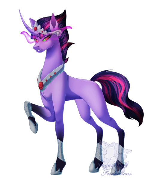 Size: 917x1056 | Tagged: safe, artist:sugardust-charm, derpibooru import, oc, oc:queen eclipse, unofficial characters only, unicorn, g4, alternate hairstyle, coat markings, crown, curved horn, eye mist, eyelashes, eyeliner, fusion, fusion:king sombra, fusion:twilight sparkle, green sclera, horn, image, jewelry, long horn, looking at you, makeup, multicolored hair, multicolored tail, one leg raised, peytral, png, purple coat, red eyes, regalia, simple background, slit pupils, socks (coat marking), solo, tail, transparent background, unicorn horn