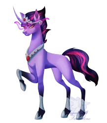 Size: 917x1056 | Tagged: safe, artist:sugardust-charm, derpibooru import, oc, oc:queen eclipse, unofficial characters only, unicorn, g4, alternate hairstyle, coat markings, crown, curved horn, eye mist, eyelashes, eyeliner, fusion, fusion:king sombra, fusion:twilight sparkle, green sclera, horn, image, jewelry, long horn, looking at you, makeup, multicolored hair, multicolored tail, one leg raised, peytral, png, purple coat, red eyes, regalia, simple background, slit pupils, socks (coat marking), solo, tail, transparent background, unicorn horn