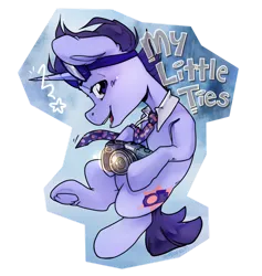 Size: 870x918 | Tagged: safe, artist:midnightpremiere, derpibooru import, oc, oc:my little ties, unofficial characters only, badge, blue background, camera, clothes, collar, holding, image, looking at you, necktie, oc badge, png, simple background, smiling, stars, text, transparent background