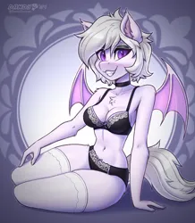 Size: 2480x2840 | Tagged: suggestive, artist:dandy, derpibooru import, oc, oc:willow aurora, unofficial characters only, anthro, bat pony, artfight, bat eyes, bat pony oc, bat wings, belly, belly button, black underwear, bra, breasts, chest fluff, choker, cleavage, clothes, ear fluff, eyeshadow, fangs, female, high res, image, lace, lingerie, makeup, modeling, panties, png, sitting, smiling, socks, solo, solo female, stockings, thigh highs, underwear, white stockings, wings