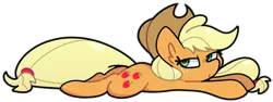 Size: 900x339 | Tagged: safe, artist:kindakismet, derpibooru import, applejack, earth pony, pony, g4, image, lidded eyes, lying down, png, prone, relaxing, simple background, smiling, solo, sploot, transparent background