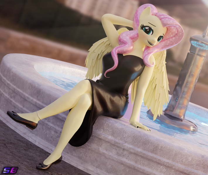 Size: 2560x2160 | Tagged: safe, artist:shadowboltsfm, derpibooru import, fluttershy, anthro, pegasus, plantigrade anthro, g4, 3d, anklet, arm behind head, blender, blushing, breasts, busty fluttershy, clothes, crossed legs, dress, eyeshadow, female, flats, fountain, high res, image, jewelry, legs, lipstick, looking at you, makeup, nail polish, not sfm, png, sexy, shoes, smiling, solo, wings