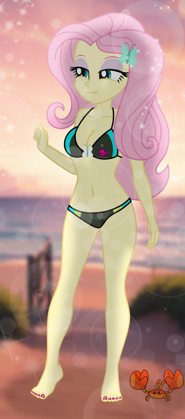 Size: 886x2000 | Tagged: safe, artist:emeraldblast63, derpibooru import, fluttershy, crab, human, equestria girls, g4, barefoot, belly, belly button, bikini, breasts, busty fluttershy, cleavage, clothes, feet, female, image, lidded eyes, png, smiling, solo, solo female, swimsuit