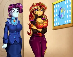 Size: 3577x2802 | Tagged: suggestive, artist:pridark, derpibooru import, principal abacus cinch, sunset shimmer, human, equestria girls, g4, big breasts, body swap, breasts, busty principal abacus cinch, busty sunset shimmer, cleavage, commission, female, glasses, image, png, smiling, smirk