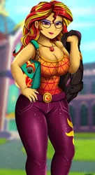 Size: 2070x3795 | Tagged: suggestive, artist:pridark, derpibooru import, principal abacus cinch, sunset shimmer, human, equestria girls, g4, big breasts, body swap, breasts, busty sunset shimmer, cleavage, clothes, geode of empathy, glasses, image, jacket, leather, leather jacket, magical geodes, png, solo