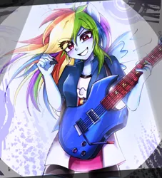 Size: 1828x2011 | Tagged: safe, artist:pulse, derpibooru import, rainbow dash, human, equestria girls, g4, abstract background, clothes, compression shorts, eye clipping through hair, female, grin, guitar, guitar pick, image, jacket, jpeg, looking at you, musical instrument, ponied up, pony ears, skirt, smiling, solo, wings