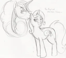 Size: 2184x1952 | Tagged: safe, artist:enigmaticfrustration, derpibooru import, prince blueblood, trixie, unicorn, horn, image, jpeg, monochrome, sketch