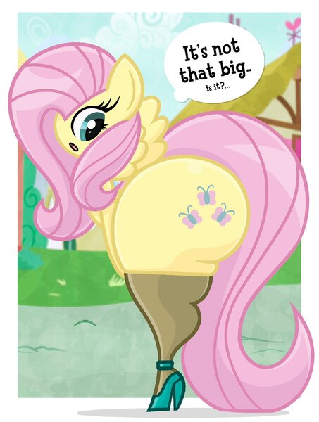 Size: 1546x2048 | Tagged: suggestive, artist:princess_jomes, derpibooru import, fluttershy, anthro, pegasus, g4, ass, bent over, bottom heavy, butt, clothes, dialogue, female, flutterbutt, high heels, image, jpeg, large butt, looking back, open mouth, shoes, socks, solo, solo female, speech bubble, text, thigh highs