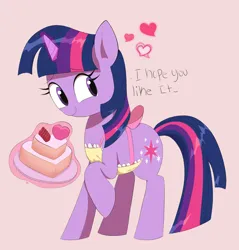 Size: 1298x1358 | Tagged: safe, artist:spoonie, derpibooru import, twilight sparkle, twilight sparkle (alicorn), alicorn, pony, unicorn, apron, cake, clothes, food, horn, image, png, simple background, solo, unicorn twilight, yellow background